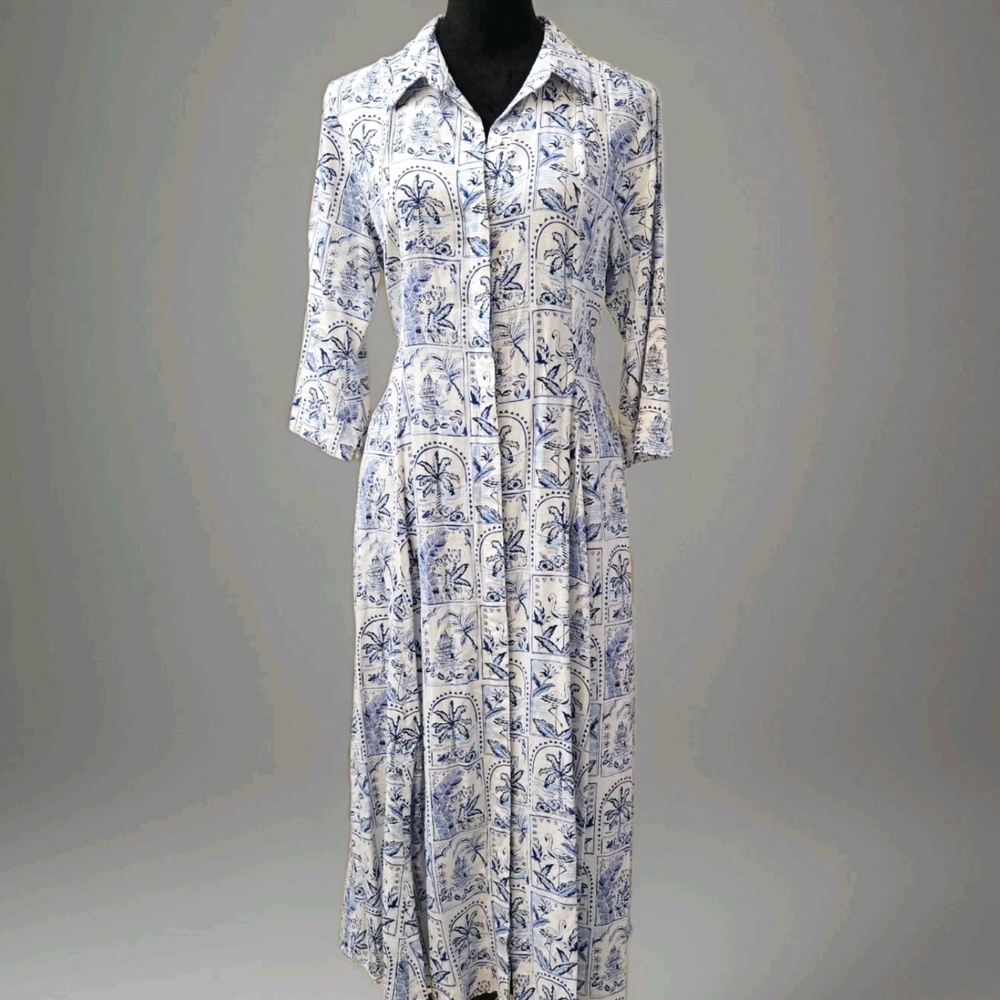 C&C California Blue and White Palm Tree Patterned Dress-Size Medium